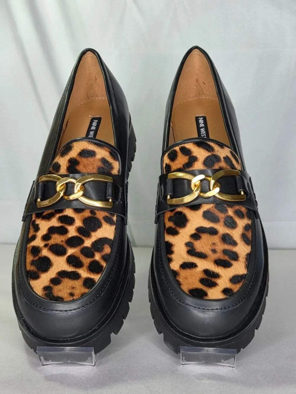 Nine West Gables Chain Bit Lug Loafers - Black/Leopard Calf Hair
